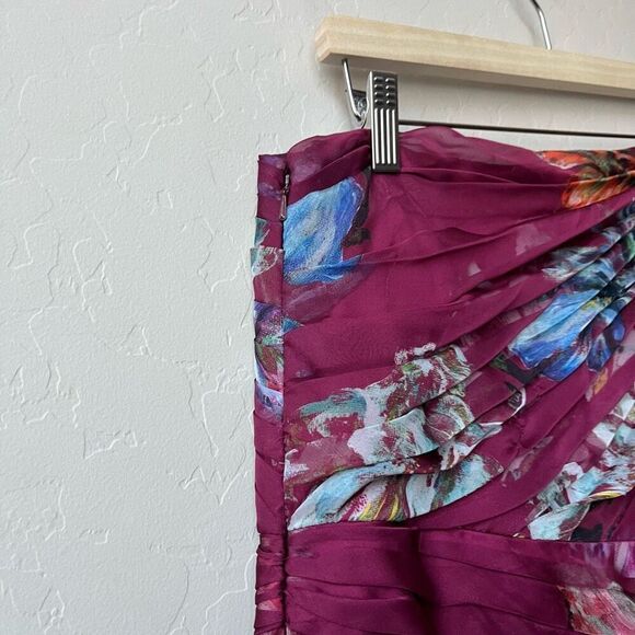 Marchesa Notte Burgundy Floral Print One Shoulder Chiffon‎ Midi Dress Size 2 - Picture 12 of 14